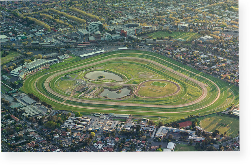 Aerial photograph of Caulfield Racecourse and the Caulfield Racecourse Reserve